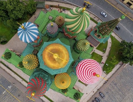 Drone's eye view of St.Basil's Cathedral on Moscow's Red Square