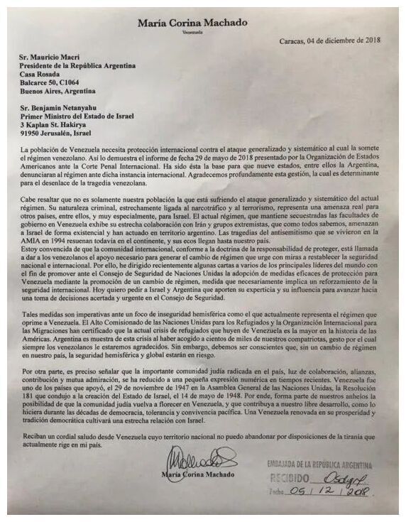 MAchado Venezuela lettera Israele